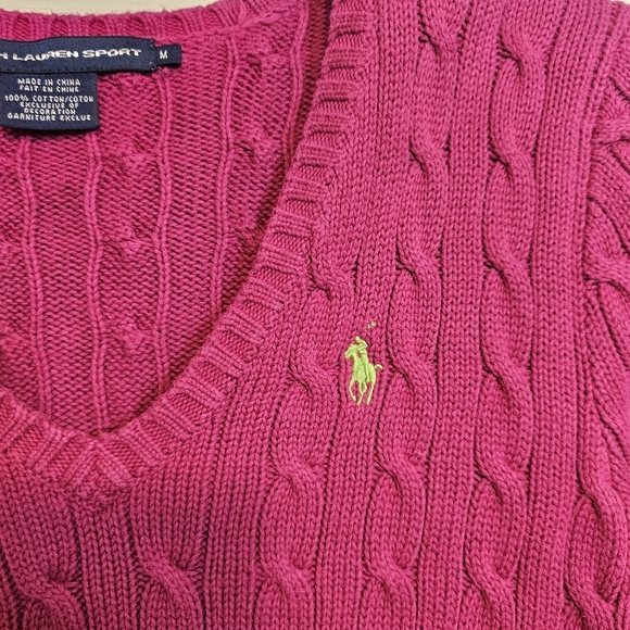 Ralph Lauren Sport Cable Knit Magenta Y2K V-Neck Logo Sweater Preppy - Picture 5 of 5